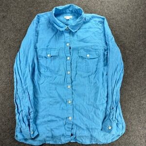 J.Jill Love Linen Shirt Womens M Petite Blue Button Down Long Sleeve